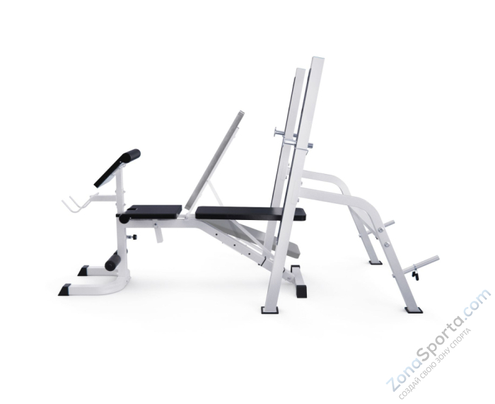Скамья со стойками под штангу DFC GORILLA белая, с партой для бицепса